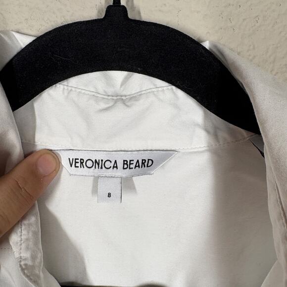 Veronica Beard 8 Poplin Shirt White Khai Cotton Blend Split Neck Long Sleeves - Picture 7 of 10